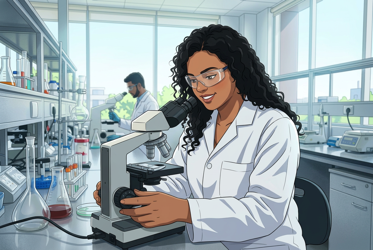 Bhanu working with a microscope in a modern science laboratory